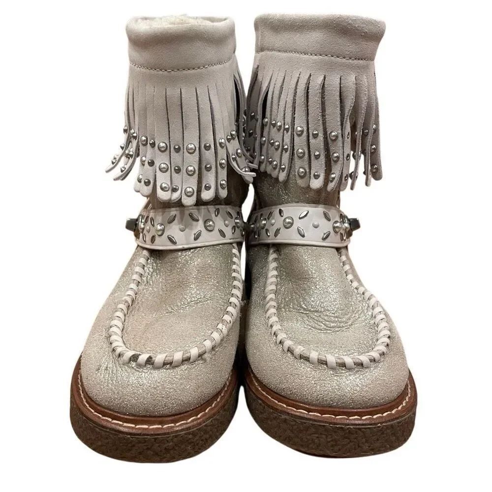 Coach Womens Roccasin Shearling Boots 6 B Fringe Studs Cowgirl Chic Apres Ski